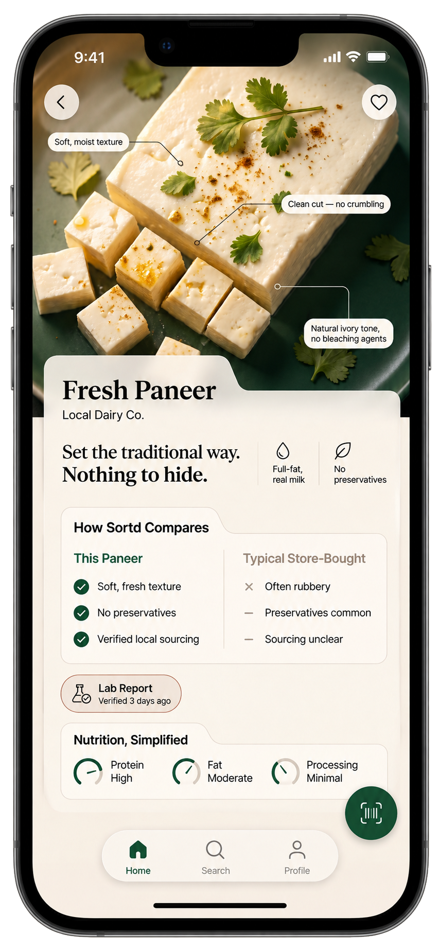 The Sortd app product screen, showing a fresh paneer listing with quality callouts, a comparison against typical store-bought paneer, a lab report, and simplified nutrition scores
